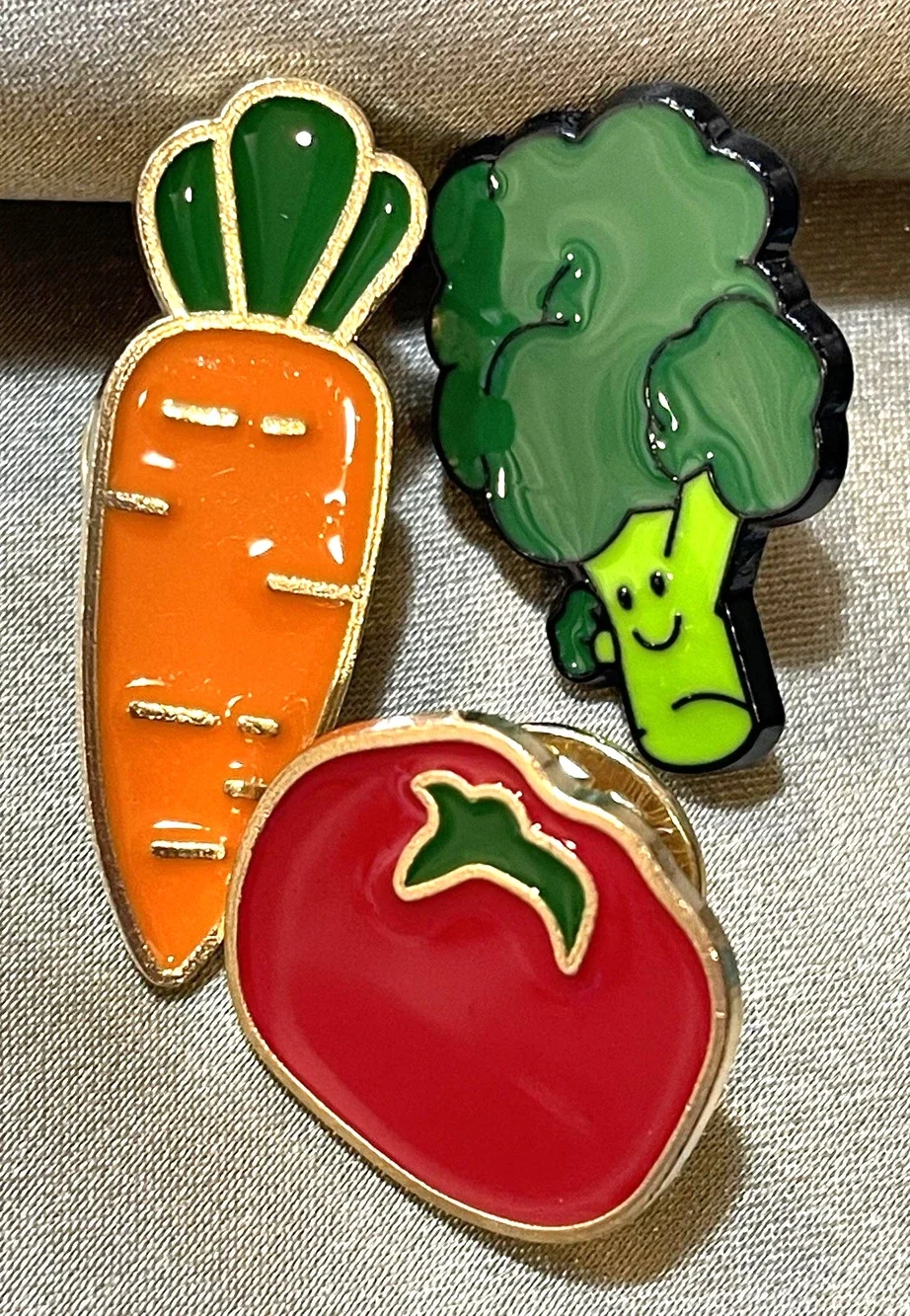 NWOT Carrot Broccoli Tomato Lapel Pin Brooch Enamel Multicolor Food Lot of 3